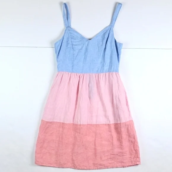 Cynthia Rowley 100% Linen Pink & Blue Chambray Color Block Tiered Sundress - Picture 3 of 16